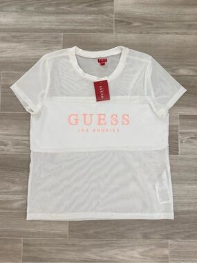 GUESS White Mesh Short-Sleeve Tee with Coral Logo